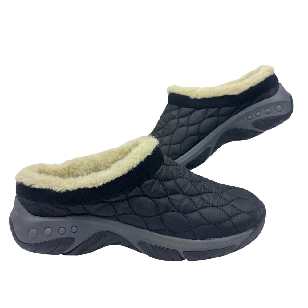 Easy Spirit Traveltime Black Quilted‎ Faux Fur Lined Mules Clogs Women Size 7M